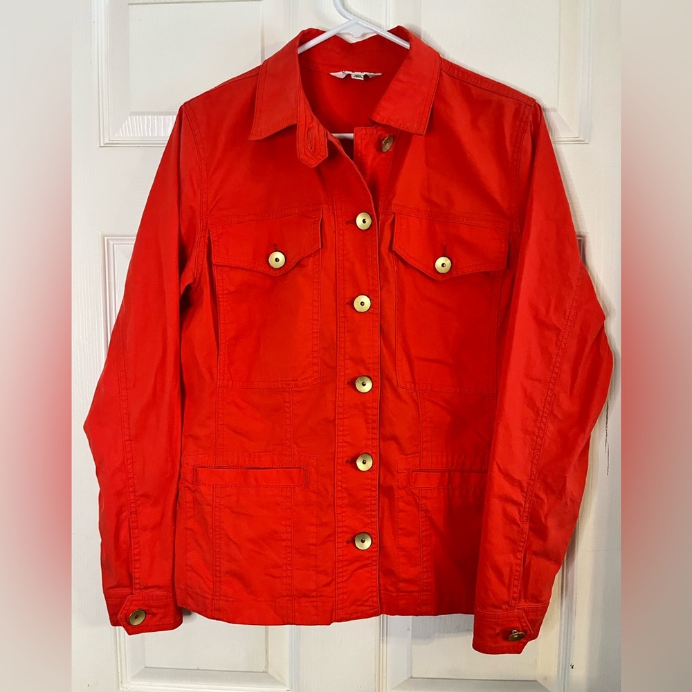 CAbi Jacket Woman’s Utility Ruffle Back Red Orange Pockets Size Medium